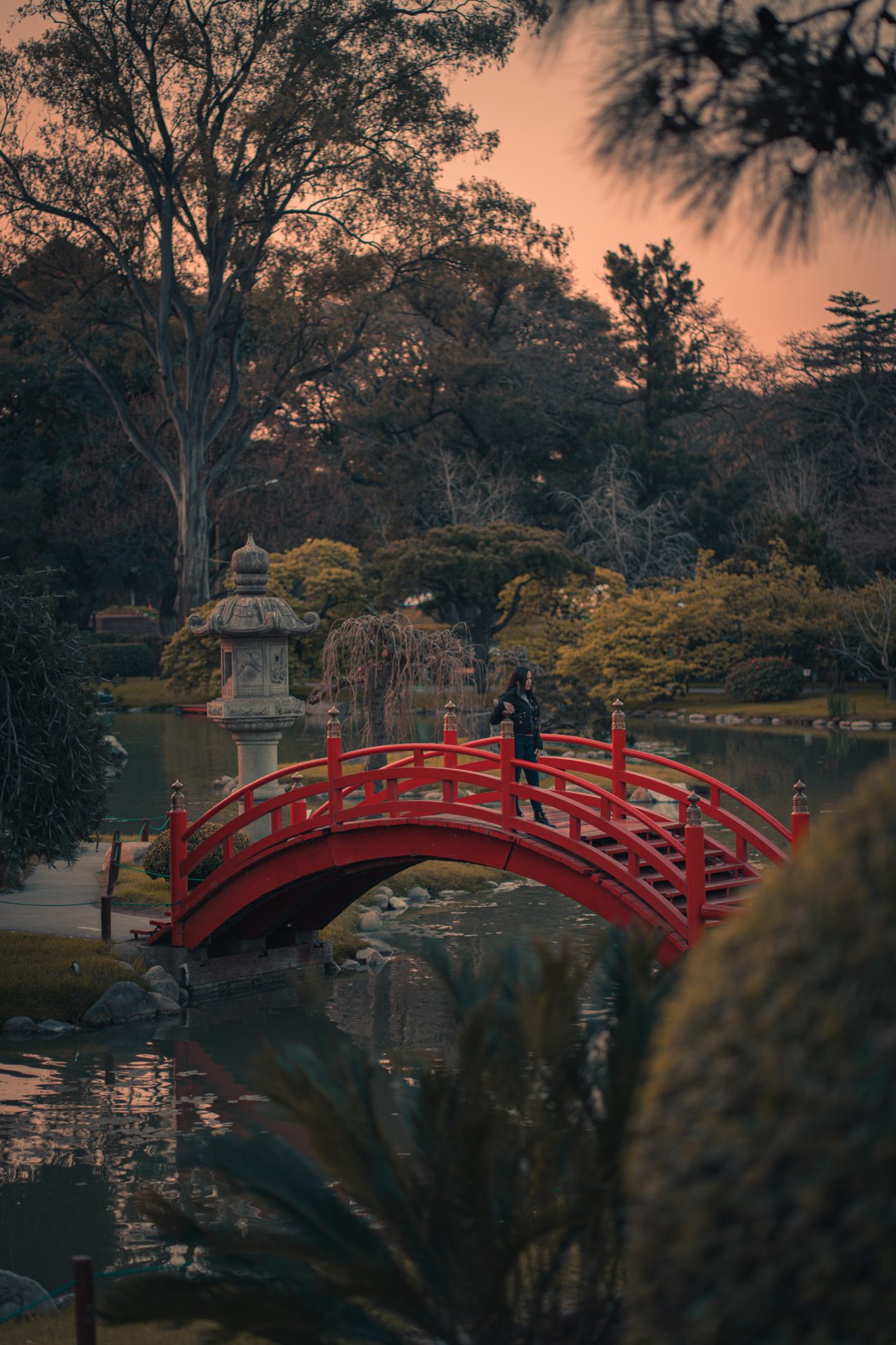 red arch bridge in a peaceful garden